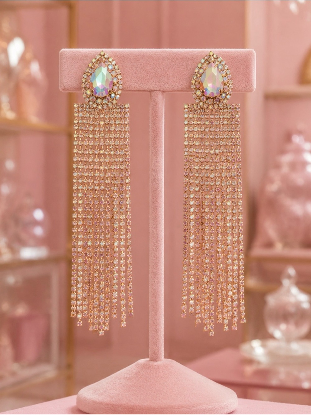 Long Pink Crystal Tassel Drop Earrings